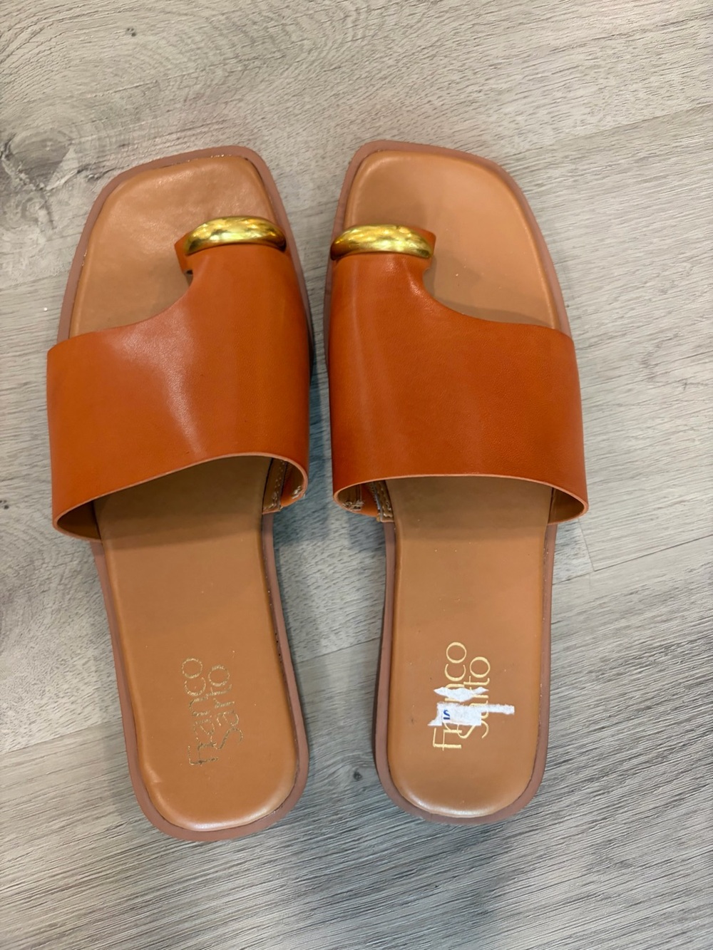 Franco Sarto Cognac Leather Slide Sandals with Gold Ring